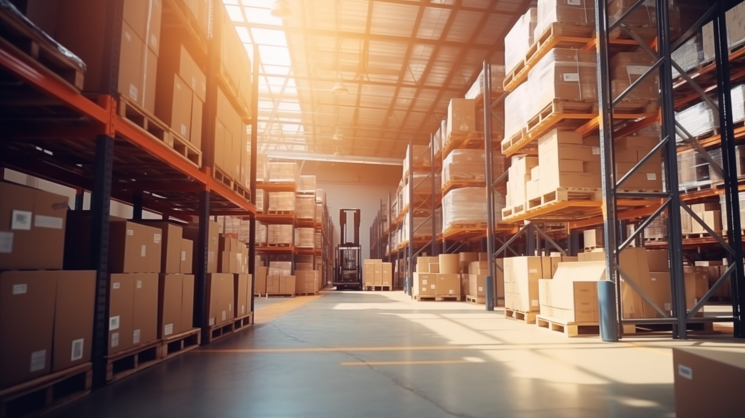 Retail Warehouse Full Of Shelves With Goods In Cartons, With Pallets And Forklifts. Logistics And Transportation Blurred Background. Product Distribution Center.